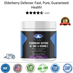 VAST Vitamins Elderberry Defense product image with 4.8/5 star rating, FDA and GMP quality seals, and 60-day money-back guarantee badge.