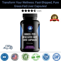 Grass-Fed Desiccated Beef Liver Capsules, highlighting fast shipping and a 60-day guarantee for wellness transformation.