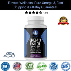Omega-3 Fish Oil softgels with 1200mg dosage promoting heart and brain health, fast shipping, and satisfaction guarantee