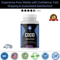  CoQ10 Ubiquinone capsules, emphasizing pure vitality, fast shipping, and satisfaction guarantee.