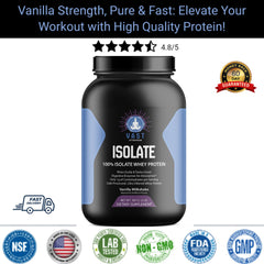 Product image of VAST ISOLATE vanilla whey protein with ratings, guarantee badge, and highlighted flavor profile