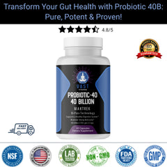  Probiotic 40B capsules with customer star rating, emphasizing gut health transformation and purity.