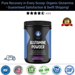 Container of VAST Glutamine Powder highlighting pure recovery, muscle growth, and muscle recovery enhancement.