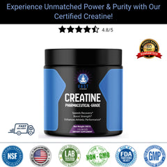 VAST Creatine container with a 4.8/5 star rating, labeled as pharmaceutical-grade for performance enhancement.