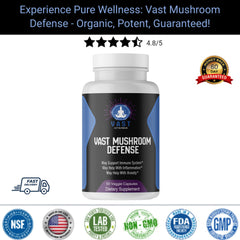  VAST Mushroom Defense highlighting immune support, inflammation, and anxiety relief with 4.8/5 stars rating.