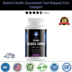 VAST Vitamins Premium Collagen Complex with customer satisfaction rating and quality assurance icons.