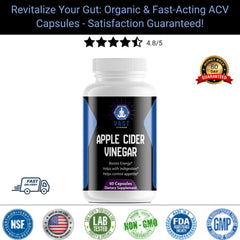 Product advertisement for VAST Vitamins Apple Cider Vinegar capsules with satisfaction guarantee and 4.8/5 star rating.