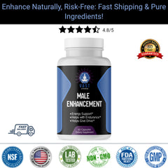 White supplement bottle for male enhancement stating energy support and drive improvement with star rating and quality assurance badges.
