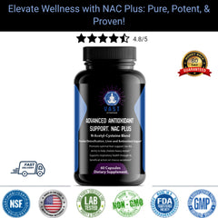 Black bottle of NAC Plus Advanced Antioxidant Support capsules with customer ratings and assurance badges emphasizing purity and efficacy.