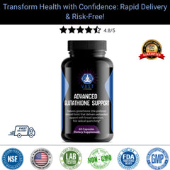 VAST Vitamins Advanced Glutathione Support dietary supplement with a 4.8/5 star rating and 60-day guarantee.