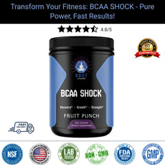 VAST Vitamins BCAA SHOCK Fruit Punch with a 4.8/5 star rating, emphasizing recovery, growth, strength, and 292 grams weight.