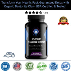 VAST Vitamins Bentonite Cleansing Support with a 4.8/5 star rating and 60-day guarantee badge, highlighting NSF certification and non-GMO assurance.