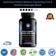 VAST Holistic Harmony Adaptogen Herb Formula in a black bottle highlighting fast-acting stress relief.