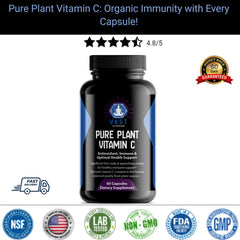 Pure Plant Vitamin C showcasing a black supplement bottle with immune support benefits and a 60-capsule count.