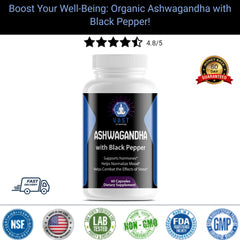 VAST Vitamins Ashwagandha with Black Pepper, highlighting 4.8/5 stars rating and guarantees.