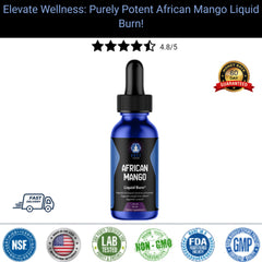 Elevate Wellness product image for Purely Potent African Mango Liquid with 4.8/5 star rating and various trust badges like FDA Registered Facility.