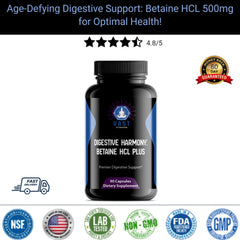 Bottle of Betaine HCL Plus for digestive support with customer ratings and guarantee badge.