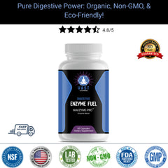 Digestive Enzyme Fuel bottle with organic, non-GMO, and eco-friendly label, customer rating and guarantee badge.