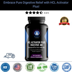 Bottle of HCL Activator Plus Digestive Aid with customer rating and guarantee badge.