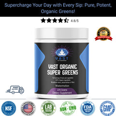 VAST Organic Super Greens powder with watermelon flavor, lab-tested quality seals, and customer rating.