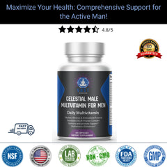 Bottle of Celestial Male Multivitamin for Men with customer ratings and guarantee badge.
