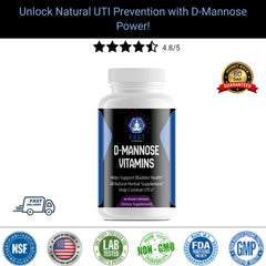 Bottle of D-Mannose vitamins with customer rating and money-back guarantee badge.