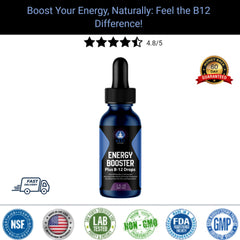 Product image of VAST Vitamins Energy Booster Plus B-12 Drops bottle with star rating and satisfaction guarantee.