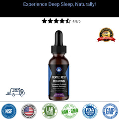 VAST Vitamins Gentle Rest Melatonin dropper bottle with customer ratings and a 60-day guarantee badge.