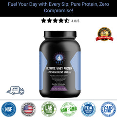 VAST Ultimate Whey Protein Premium Blend Vanilla with ratings, guarantee seal, and fast delivery icon