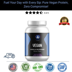 Container of Vanilla Vegan Protein powder showcasing its high customer rating and natural flavor.