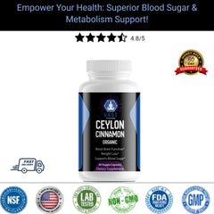 supplement bottle for Organic Ceylon Cinnamon with 4.8/5 stars rating, highlighting brain function support and blood sugar benefits.