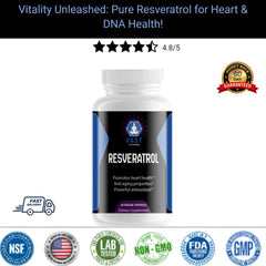 Graphic of Resveratrol supplement bottle with 4.8/5 star rating, heart health benefits, and quality assurance badges.