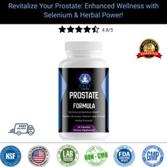 Prostate health supplement bottle with star rating and quality assurance seals for Selenium & Herbal Power