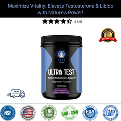  VAST Ultra Test natural testosterone support supplement bottle with customer ratings, guarantee badge, and various certifications like NSF and FDA