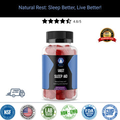 Bottle of VAST Sleep Aid gummies with customer satisfaction rating and badges for lab testing, non-GMO, and 60-day guarantee.