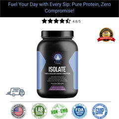 r VAST Isolate Whey Protein with star rating, guarantee badge, and icons for fast delivery, lab-tested quality, and NSF certification.