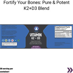 Vitamin K2 + D3 supplement, emphasizing bone health support and a blend of active ingredients.