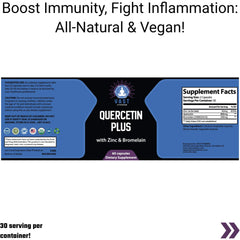 Quercetin Plus, highlighting immunity boost and vegan ingredients, with 30 servings per container.