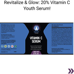 VAST Vitamins Vitamin C Serum bottle with instructions for use, highlighting the serum's 20% Vitamin C concentration for skin health