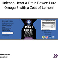 Omega-3 Fish Oil highlighting 720mg Omega-3 per serving and lemon flavor for heart and brain wellness.