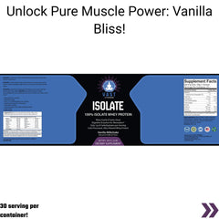 Comprehensive product advertisement of VAST ISOLATE whey protein featuring supplement facts and usage instructions.