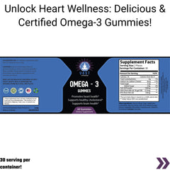 Omega-3 gummy supplements with detailed nutritional facts and health benefit claims.