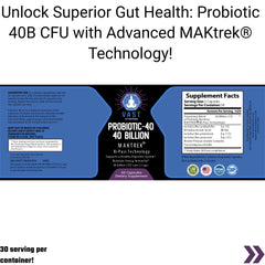 Probiotic-40 dietary supplement, highlighting the 40 Billion CFU and advanced MAKtrek Bi-Pass Technology.
