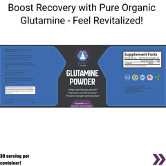 Informative graphic for VAST Glutamine Powder with suggested use, benefits, and 30 servings per container notice.