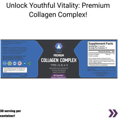 Marketing graphic for VAST Vitamins Premium Collagen Complex, highlighting youthful vitality benefits and a 30 serving per container.