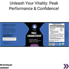  male enhancement supplement highlighting energy, endurance, and performance with supplement facts and usage directions.