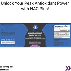 NAC Plus antioxidant capsules, highlighting benefits for detoxification, liver support, and respiratory health.