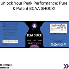 VAST Vitamins BCAA SHOCK Fruit Punch, showcasing the supplement facts and suggested use for peak performance.
