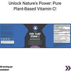 "Informational graphic highlighting Pure Plant Vitamin C with organic ingredients and a supplement facts panel indicating 30 servings per container.