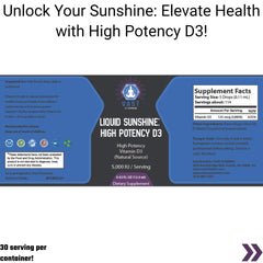  VAST Vitamins Liquid Sunshine High Potency D3, highlighting 5,000 IU per serving and supplement facts.